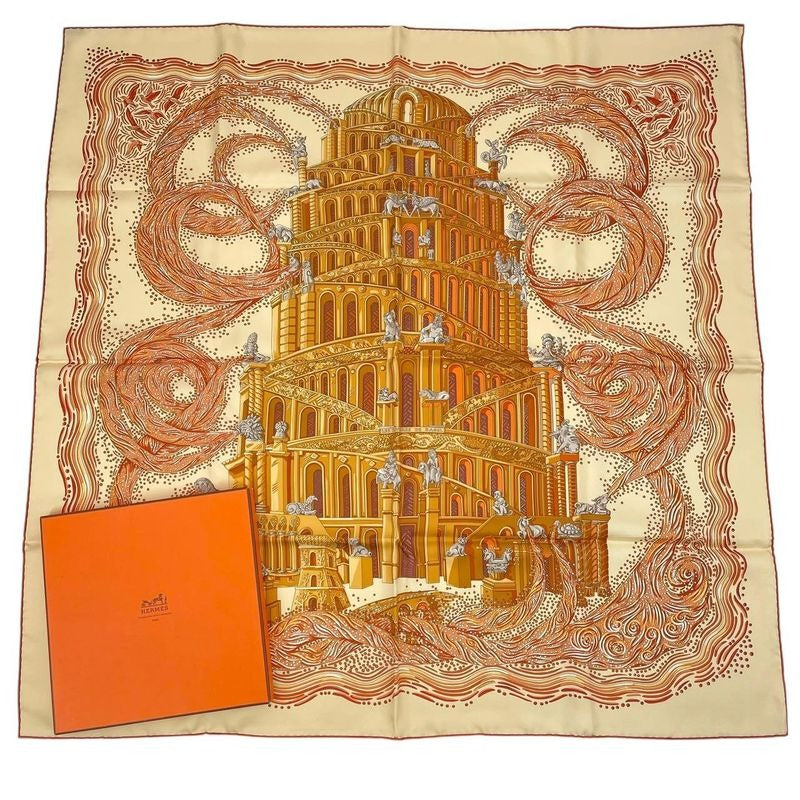 Hermes Carre 90 LES Rivieres de Babel River Of Scarf 100% Silk Beige