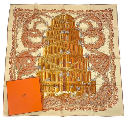 Hermes Carre 90 LES Rivieres de Babel River Of Scarf 100% Silk Beige