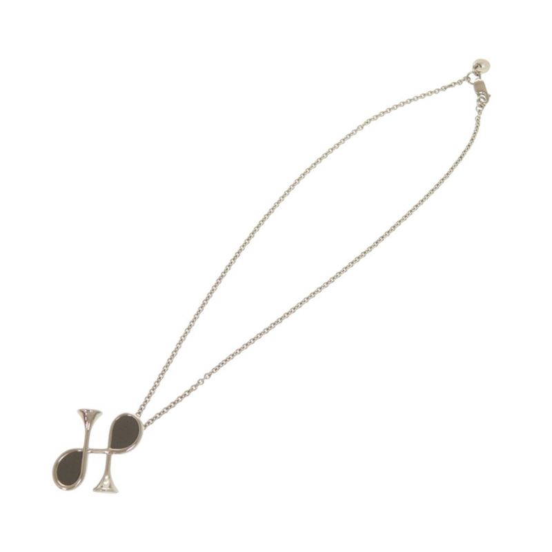 Hermes Col H Metal Leather Silver Gray Necklace Pendant 1333 Hermes
