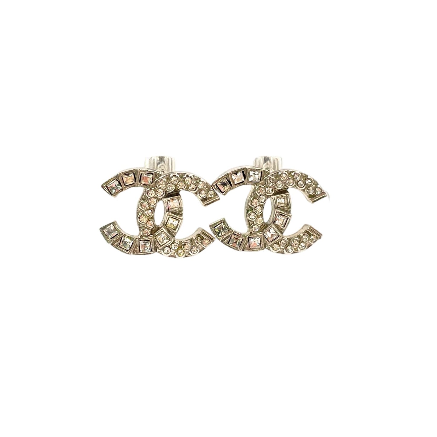 Chanel CC Logo Metal Line Stone Silver Earrings