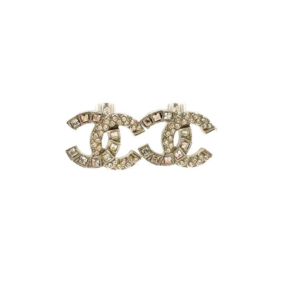 Chanel CC Logo Metal Line Stone Silver Earrings