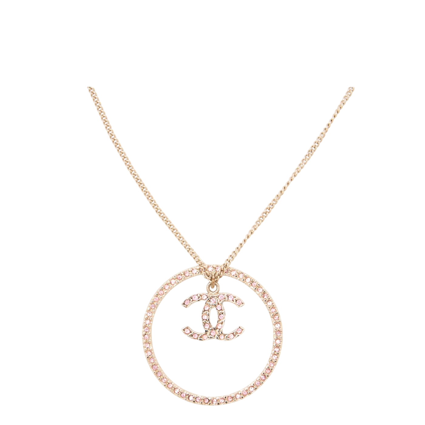 Chanel Coco Mark Circle Rhinestone Necklace GP Gold Pink 06A (gold Plated) Gold