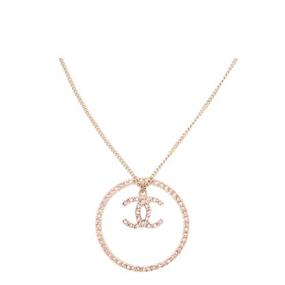 Chanel Coco Mark Circle Rhinestone Necklace GP Gold Pink 06A (gold Plated) Gold