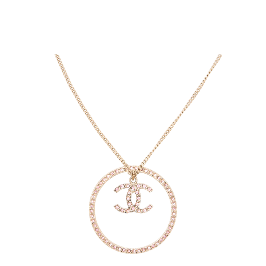 Chanel Coco Mark Circle Rhinestone Necklace GP Gold Pink 06A (gold Plated) Gold