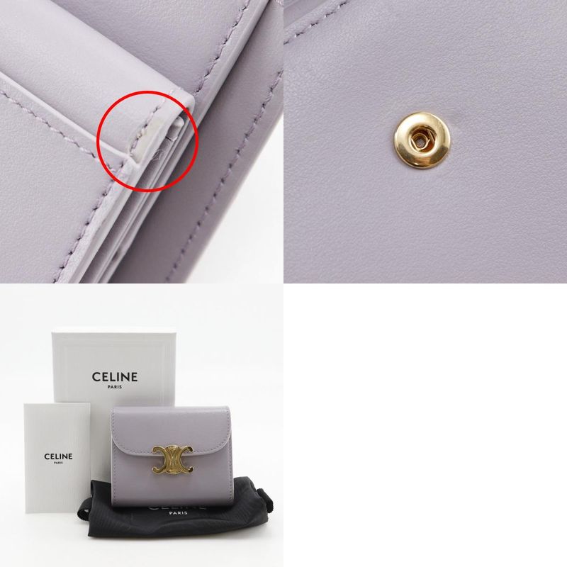 Celine Triomphe Small Flap Wallet Compact Wallet Leather Purple Women's Trifold