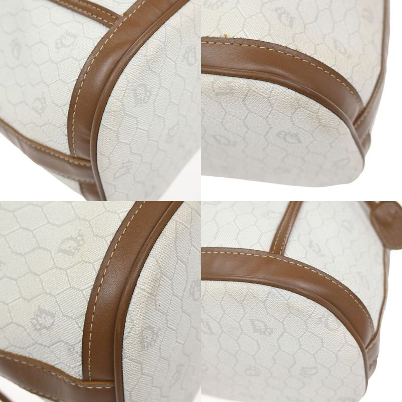 Christian DIOR Shoulder Bag Macadam Drawstring White Brown Leather Vintage