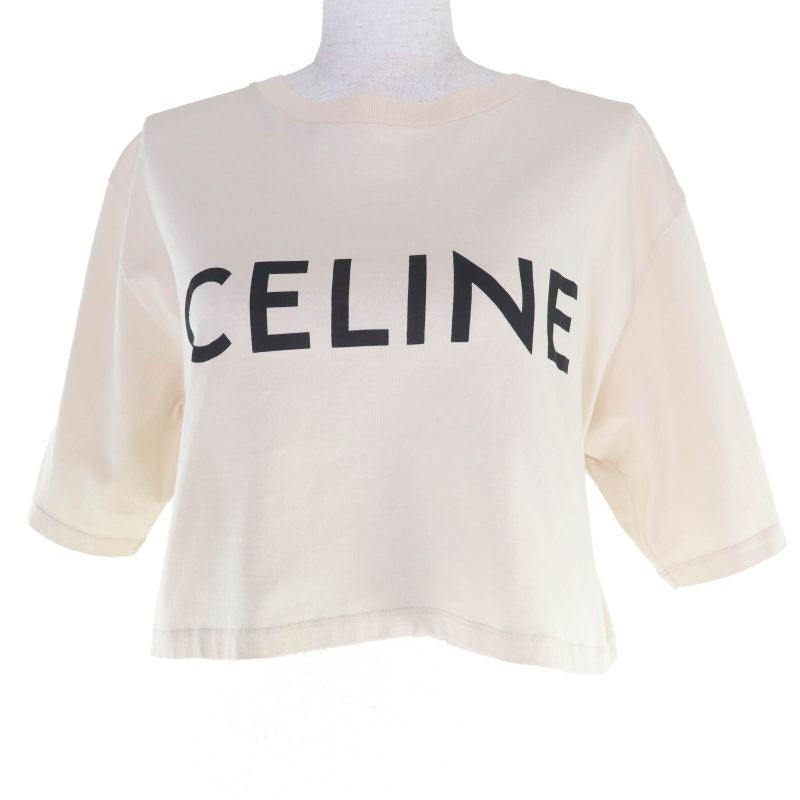 Celine 2 Q 100% Cotton Logo Cropped Short Sleeve T-Shirt Beige XS