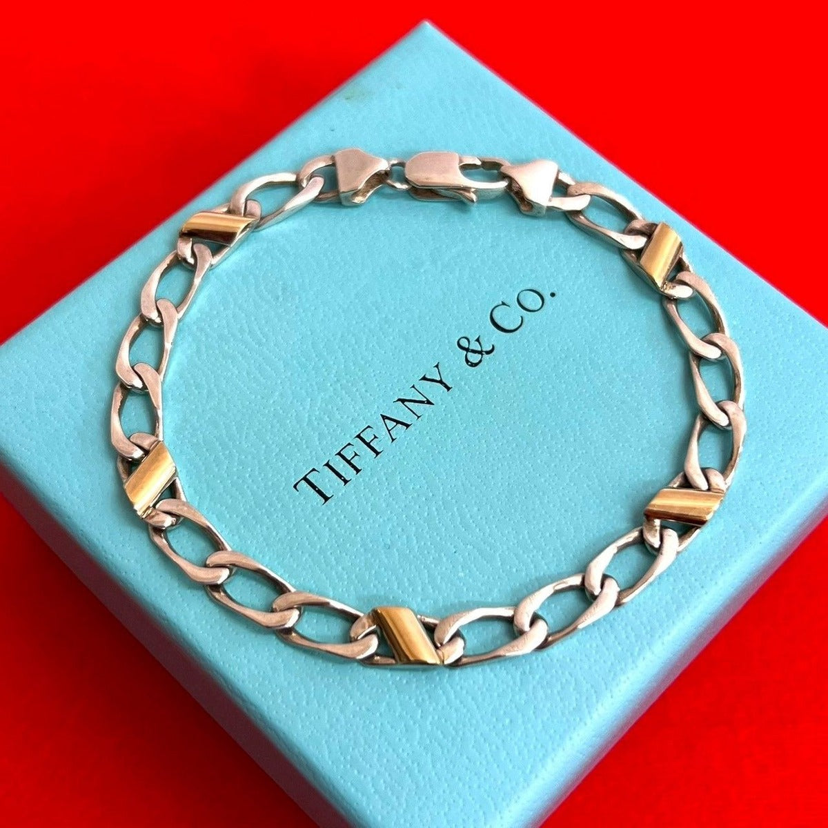 Tiffany & Co Figaro Bracelet Calf 18K Gold Chain Silver