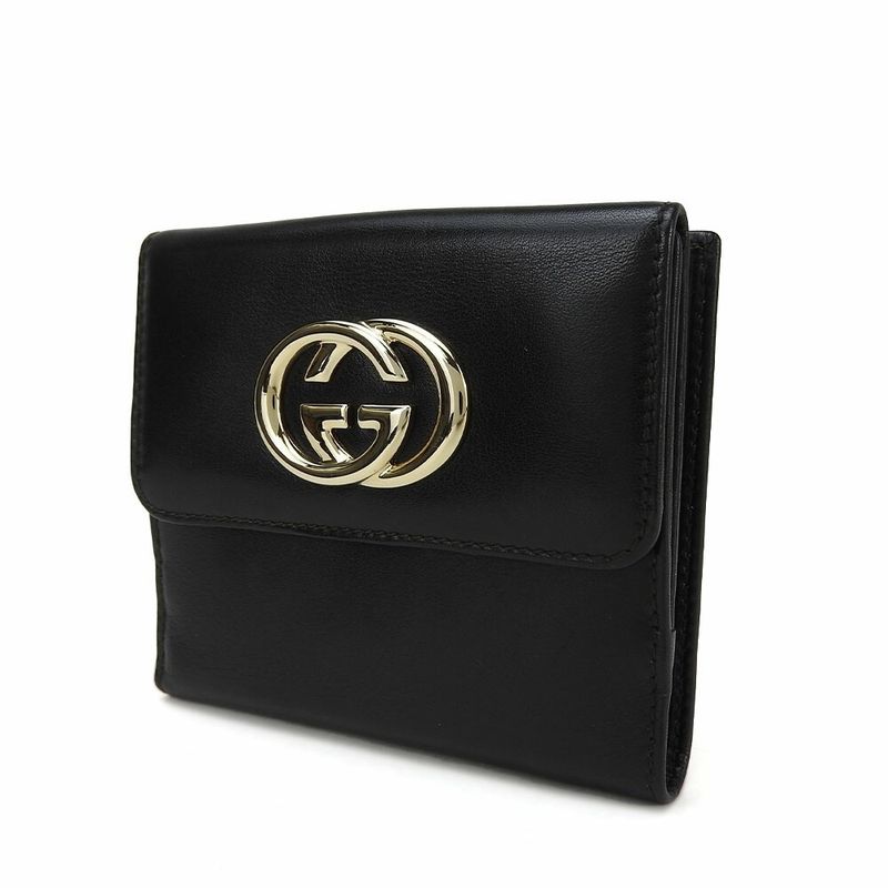 Gucci W Hook Wallet Compact Wallet 162759 Double G Leather Black Small Black