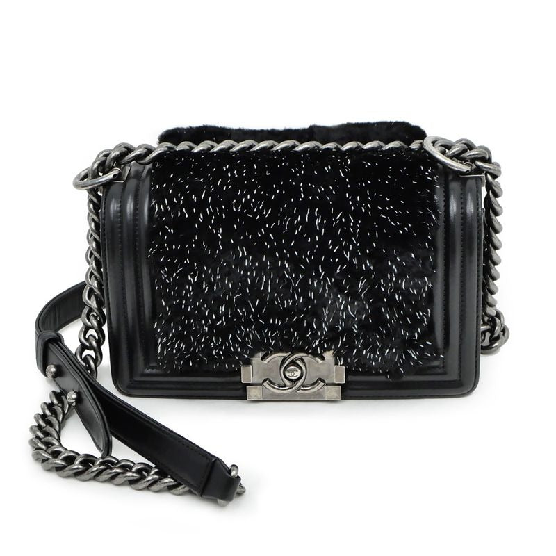 Chanel Chain Shoulder Bag Orirag Rabbit Fur Lamb Black