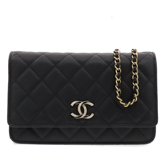 Chanel Chain Wallet Black Caviar Leather Rhinestone Quilted Shoulder Bag