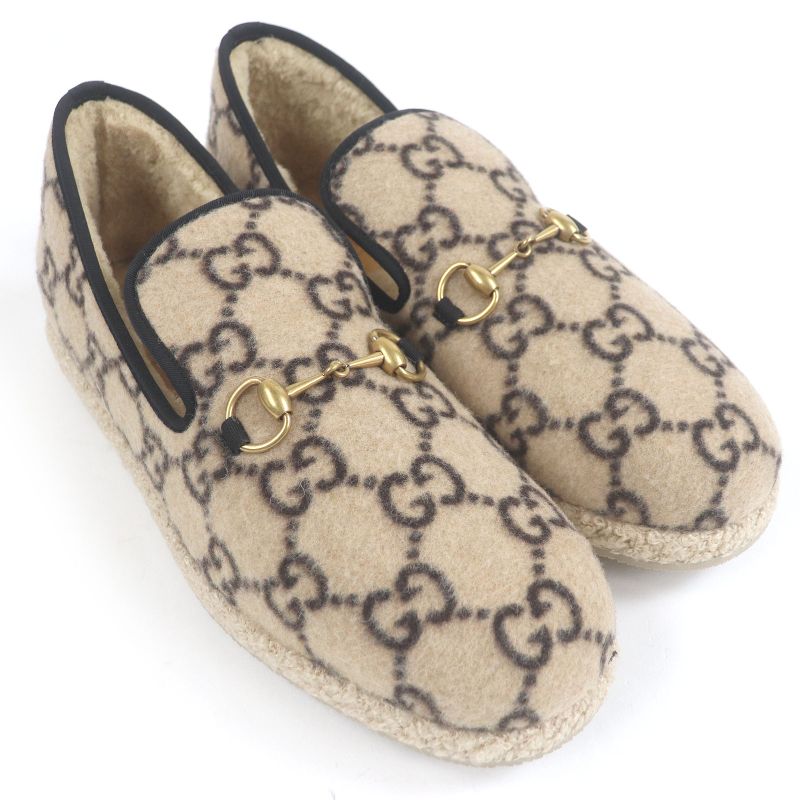 Gucci Mouton GG Logo Allover Horsebit Mouton Lining Slip-on Espadrilles Beige
