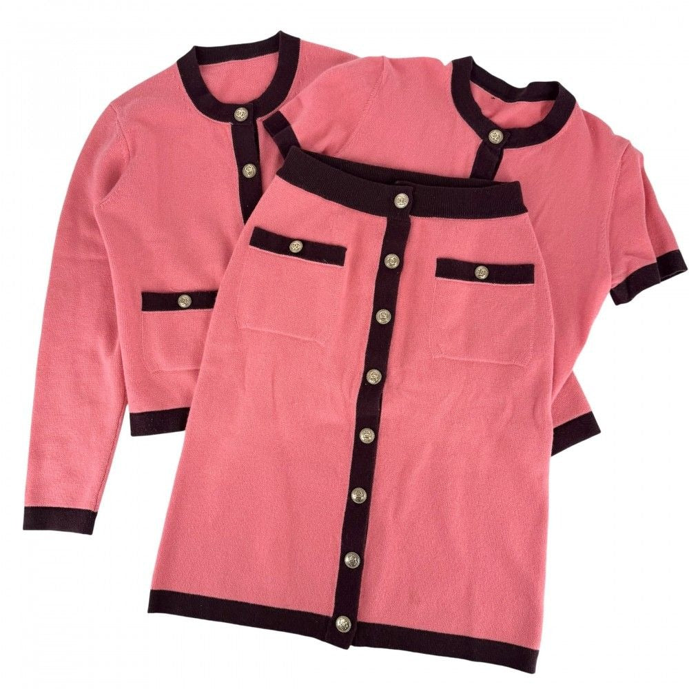 Chanel Set Top Jacket Skirt Coco Button Vintage Pink Burgundy