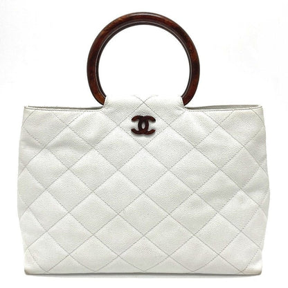 Chanel CC Vintage Caviar Leather Tote White Shoulder Bag Wooden Ring Handle