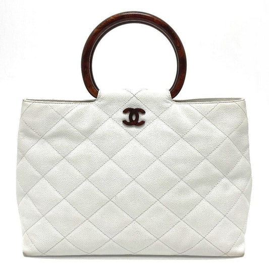 Chanel CC Vintage Caviar Leather Tote White Shoulder Bag Wooden Ring Handle