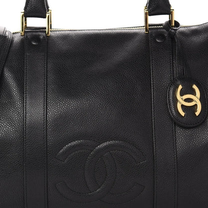 Chanel Caviar Leather Large Bowler Bag Travel Bag Duffle Black CC Tote