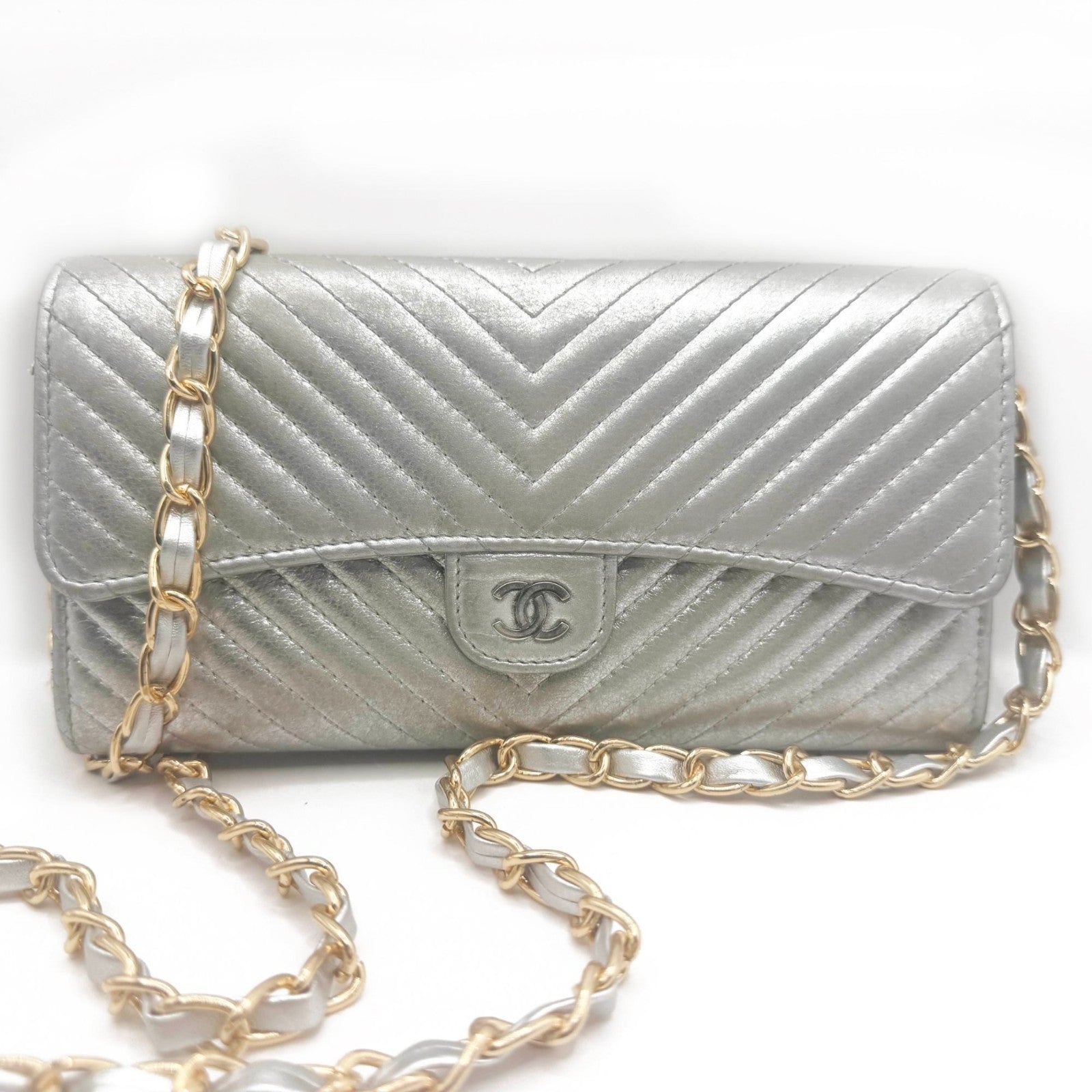 Authentic Chanel CC Chevron Timeless Caviar Flap Wallet Chain Purse Silver Bag