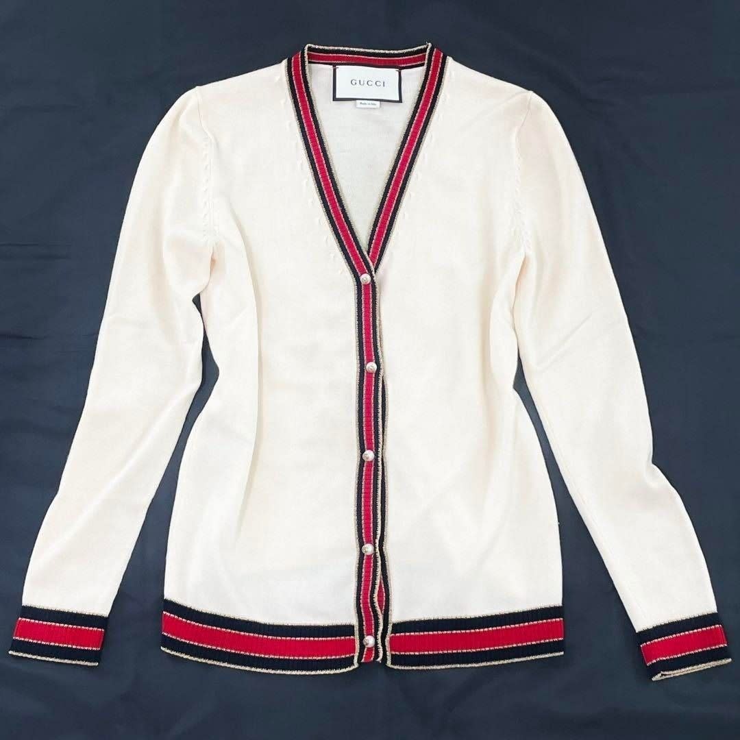 Gucci Ivory Cream Web Stripe Trimmed Buttons Wool Cardigan Sweater Long Sleeve