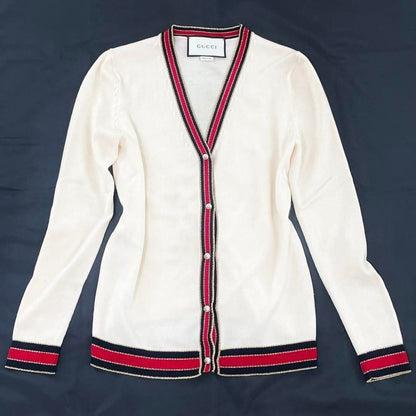 Gucci Ivory Cream Web Stripe Trimmed Buttons Wool Cardigan Sweater Long Sleeve