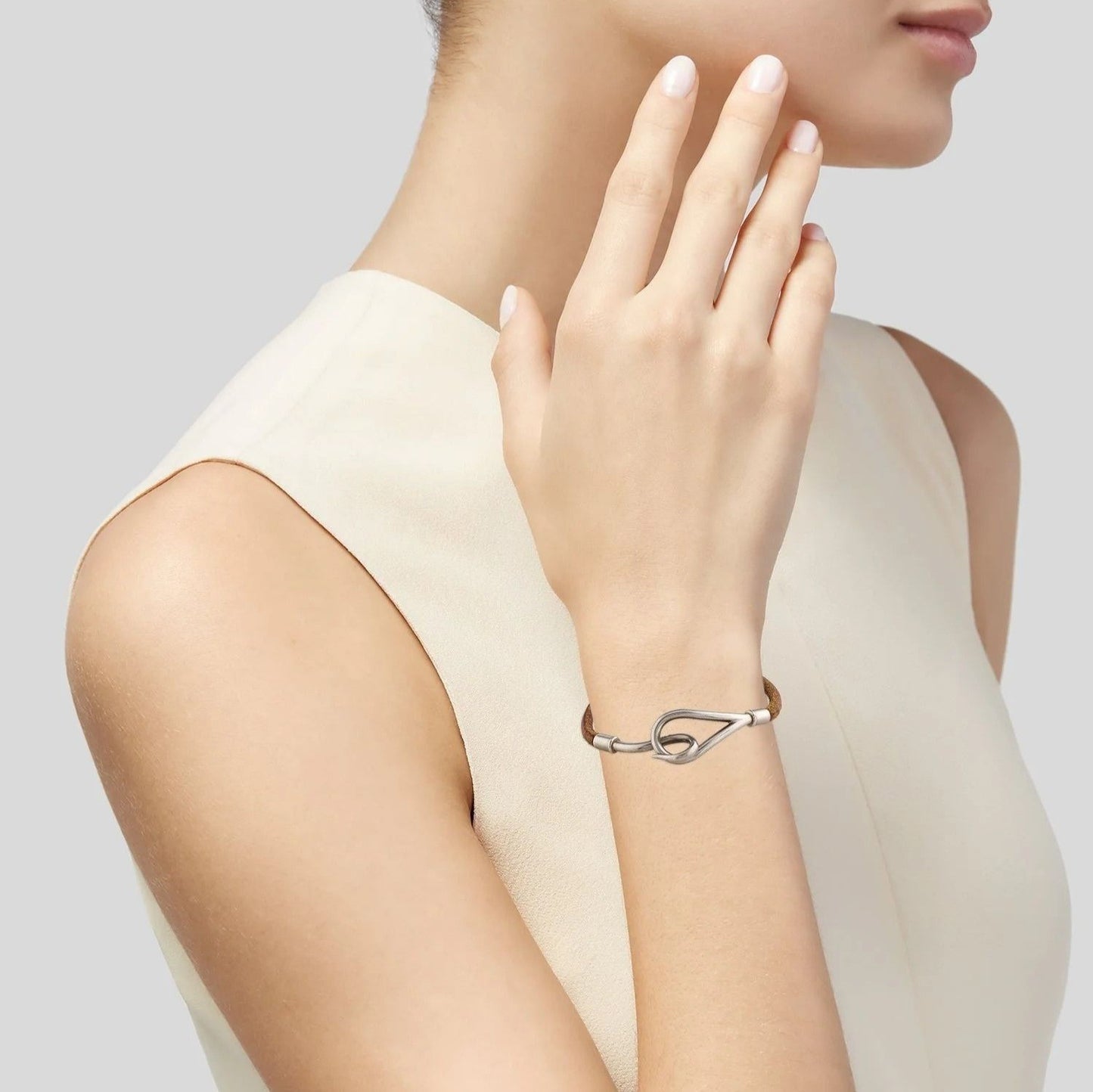 Hermes Jumbo Hook Bracelet Stainless Steel Leather Silver Brown