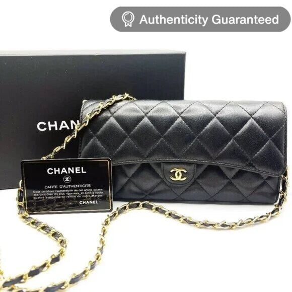 Chanel Lambskin Quilted Leather Wallet Chain Flap Black Purse Tote