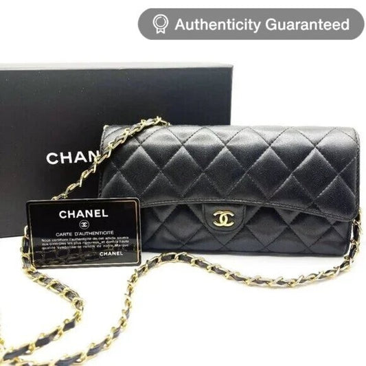Chanel Lambskin Quilted Leather Wallet Chain Flap Black Purse Tote