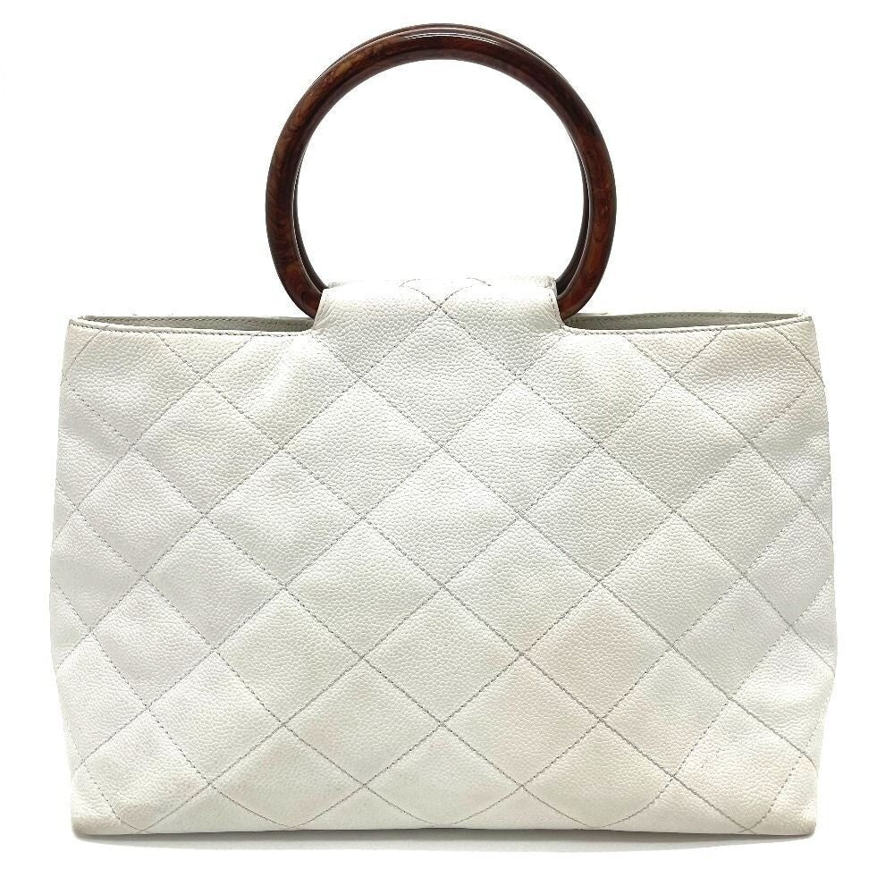 Chanel CC Vintage Caviar Leather Tote White Shoulder Bag Wooden Ring Handle