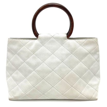 Chanel CC Vintage Caviar Leather Tote White Shoulder Bag Wooden Ring Handle