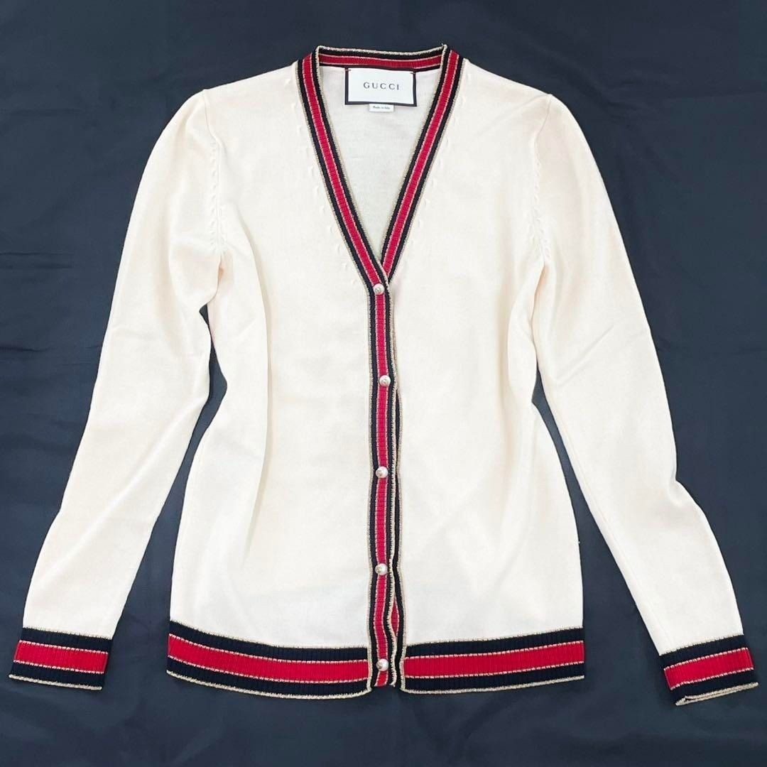 Gucci Ivory Cream Web Stripe Trimmed Buttons Wool Cardigan Sweater Long Sleeve S