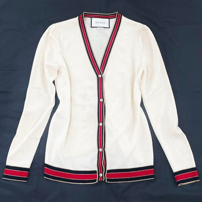 Gucci Ivory Cream Web Stripe Trimmed Buttons Wool Cardigan Sweater Long Sleeve S