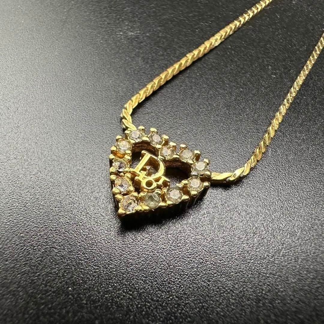 Christian Dior Vintage Rhinestone Crystal Heart Necklace Gold Plated