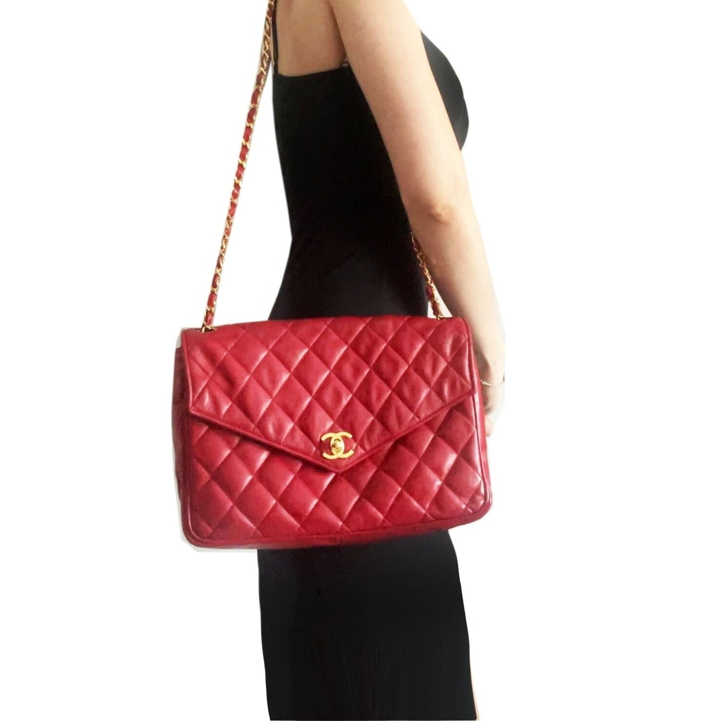 Chanel CC 24k Vintage Jumbo Envelope Flap Bag Lambskin Timeless Red