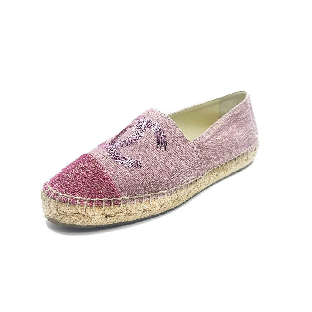 Chanel CC Logo Canvas Pink Sequin Espadrilles Flats Shoes 38