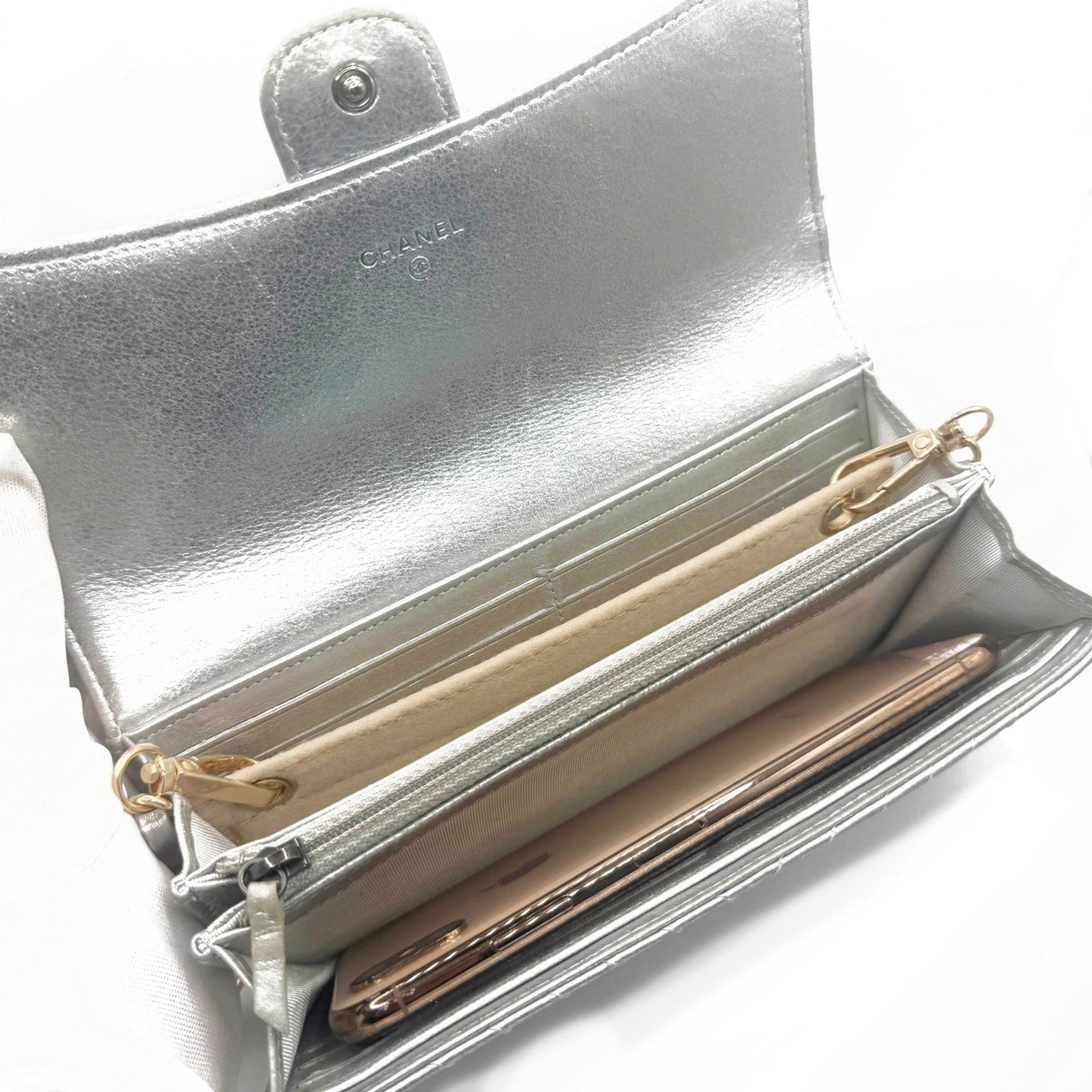 Authentic Chanel CC Chevron Timeless Caviar Flap Wallet Chain Purse Silver Bag