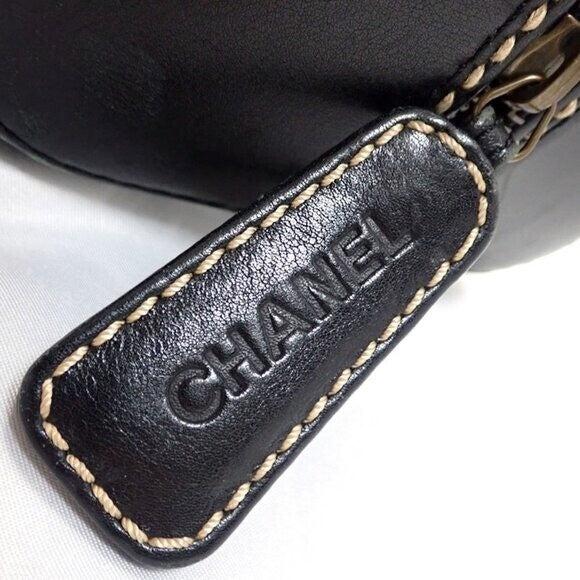 Chanel CC Wild Stitch Vintage Quilted Shoulder Bag Tote Calfskin Black