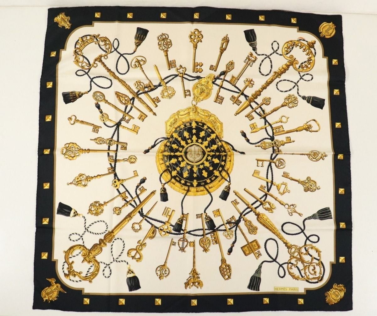 Hermes Silk Scarf Carre 90 Les Cles the Keys by Caty Latham Black White