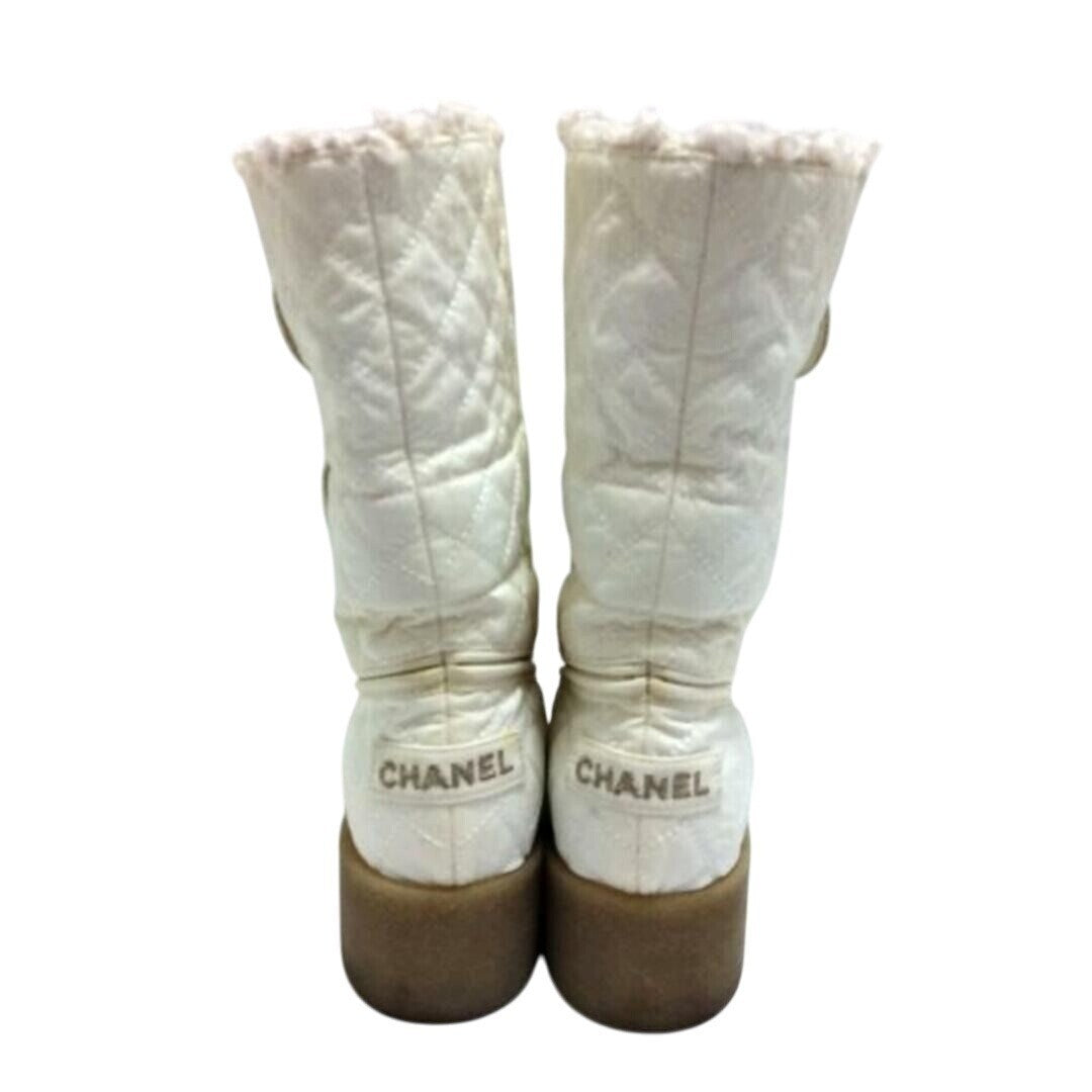 Chanel Quilted Leather Fur Boots Shoes White Gold CC Logo 37