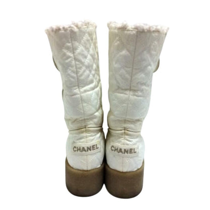 Chanel Quilted Leather Fur Boots Shoes White Gold CC Logo 37