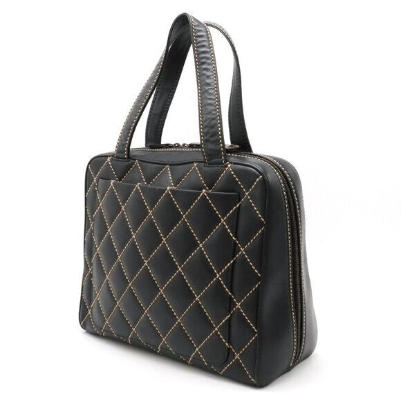 Chanel CC Wild Stitch Vintage Quilted Shoulder Bag Tote Calfskin Black