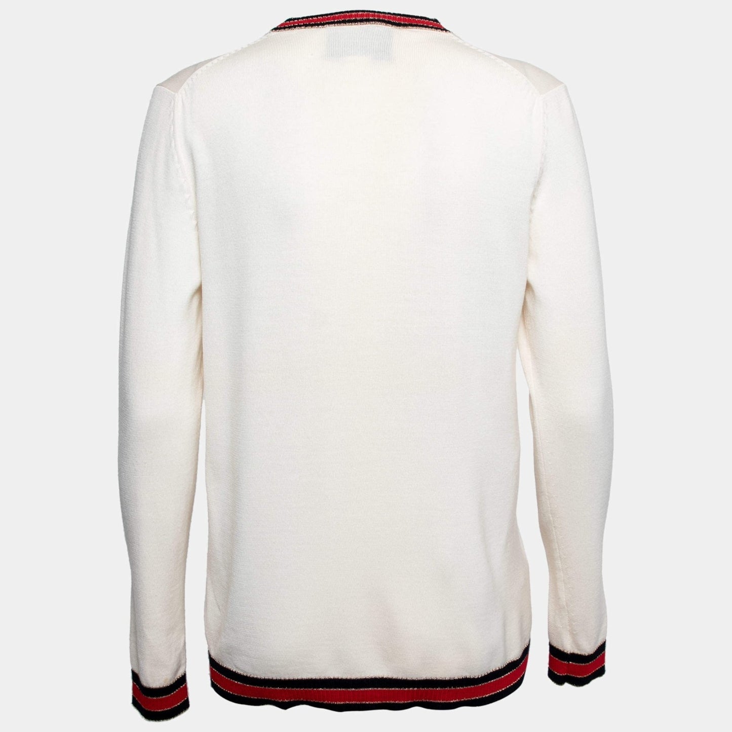 Gucci Ivory Cream Web Stripe Trimmed Buttons Wool Cardigan Sweater Long Sleeve S