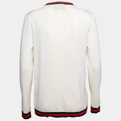 Gucci Ivory Cream Web Stripe Trimmed Buttons Wool Cardigan Sweater Long Sleeve S