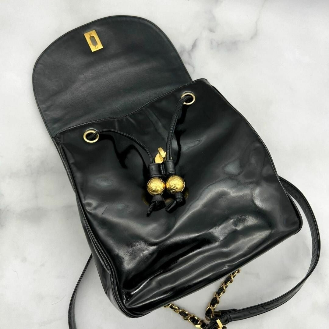 Chanel CC Vintage Backpack Bag Patent Leather Black Turnlock Chain