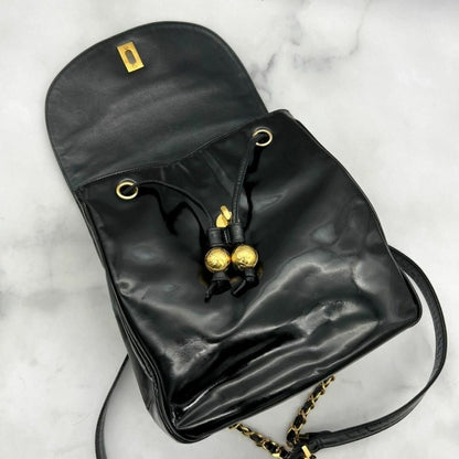Chanel CC Vintage Backpack Bag Patent Leather Black Turnlock Chain