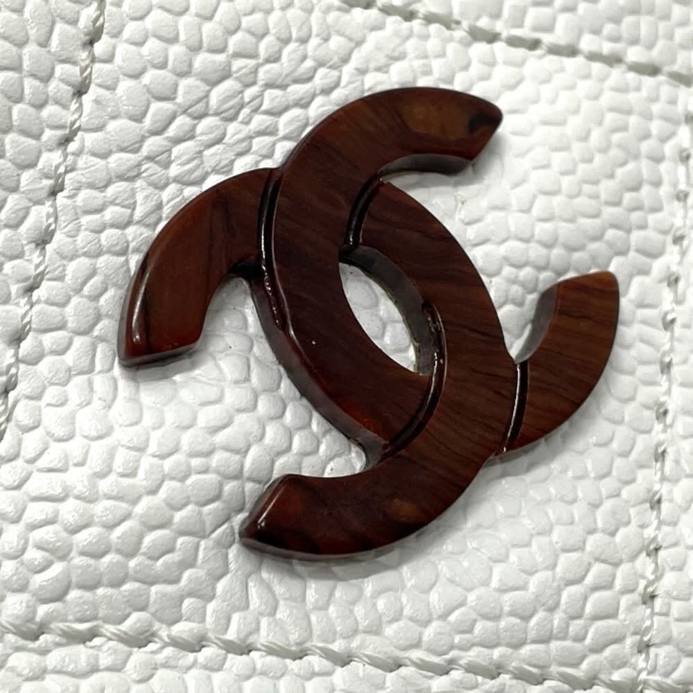 Chanel CC Vintage Caviar Leather Tote White Shoulder Bag Wooden Ring Handle