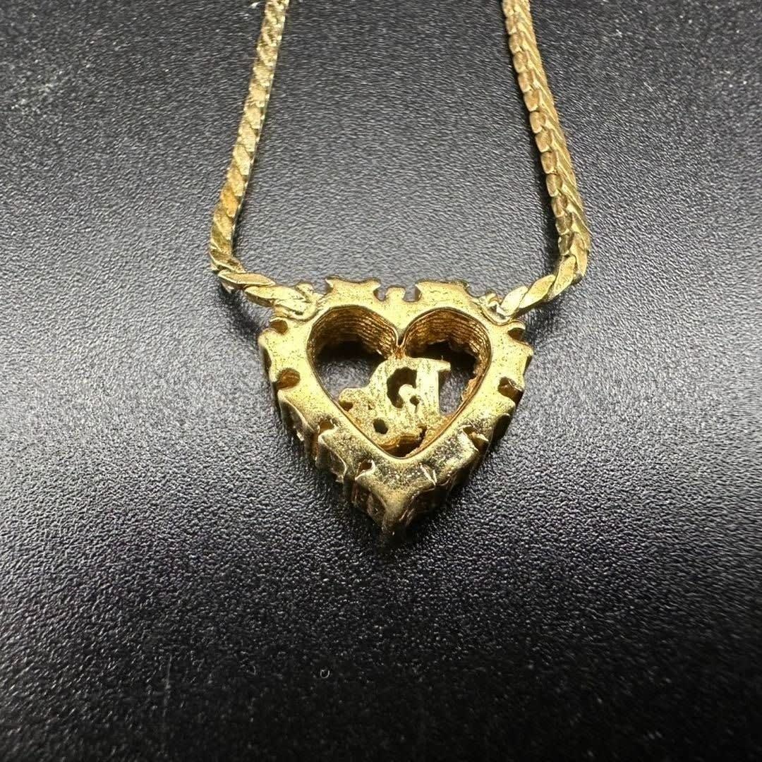 Christian Dior Vintage Rhinestone Crystal Heart Necklace Gold Plated