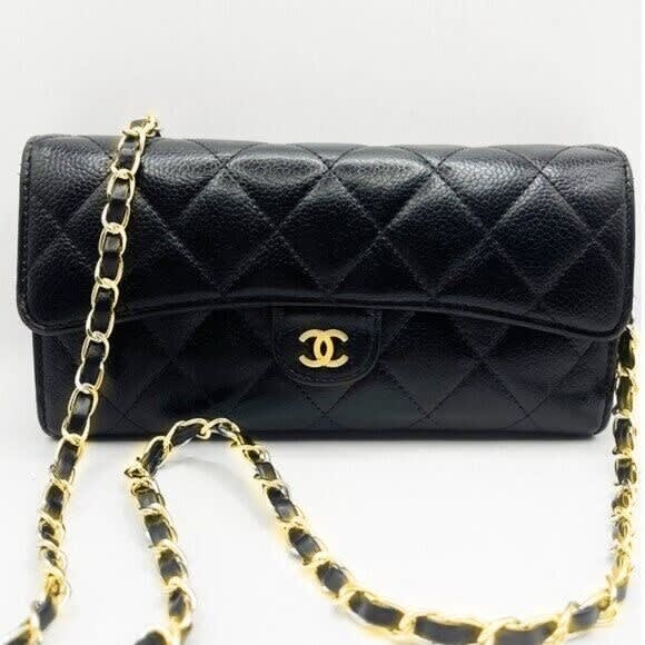 Chanel CC Classic Caviar Flap Wallet Quilted Leather Chain Purse Black