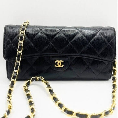 Chanel CC Classic Caviar Flap Wallet Quilted Leather Chain Purse Black
