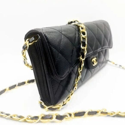 Chanel CC Classic Caviar Flap Wallet Quilted Leather Chain Purse Black