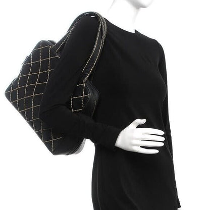 Chanel CC Wild Stitch Vintage Quilted Shoulder Bag Tote Calfskin Black