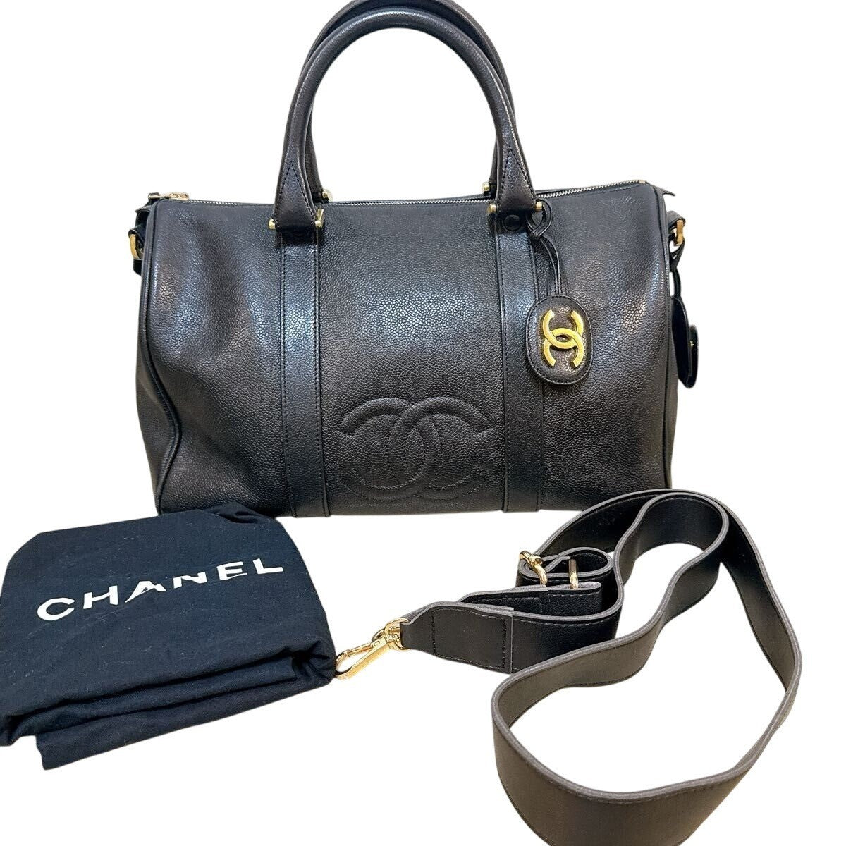 Chanel Caviar Leather Large Bowler Bag Travel Bag Duffle Black CC Tote